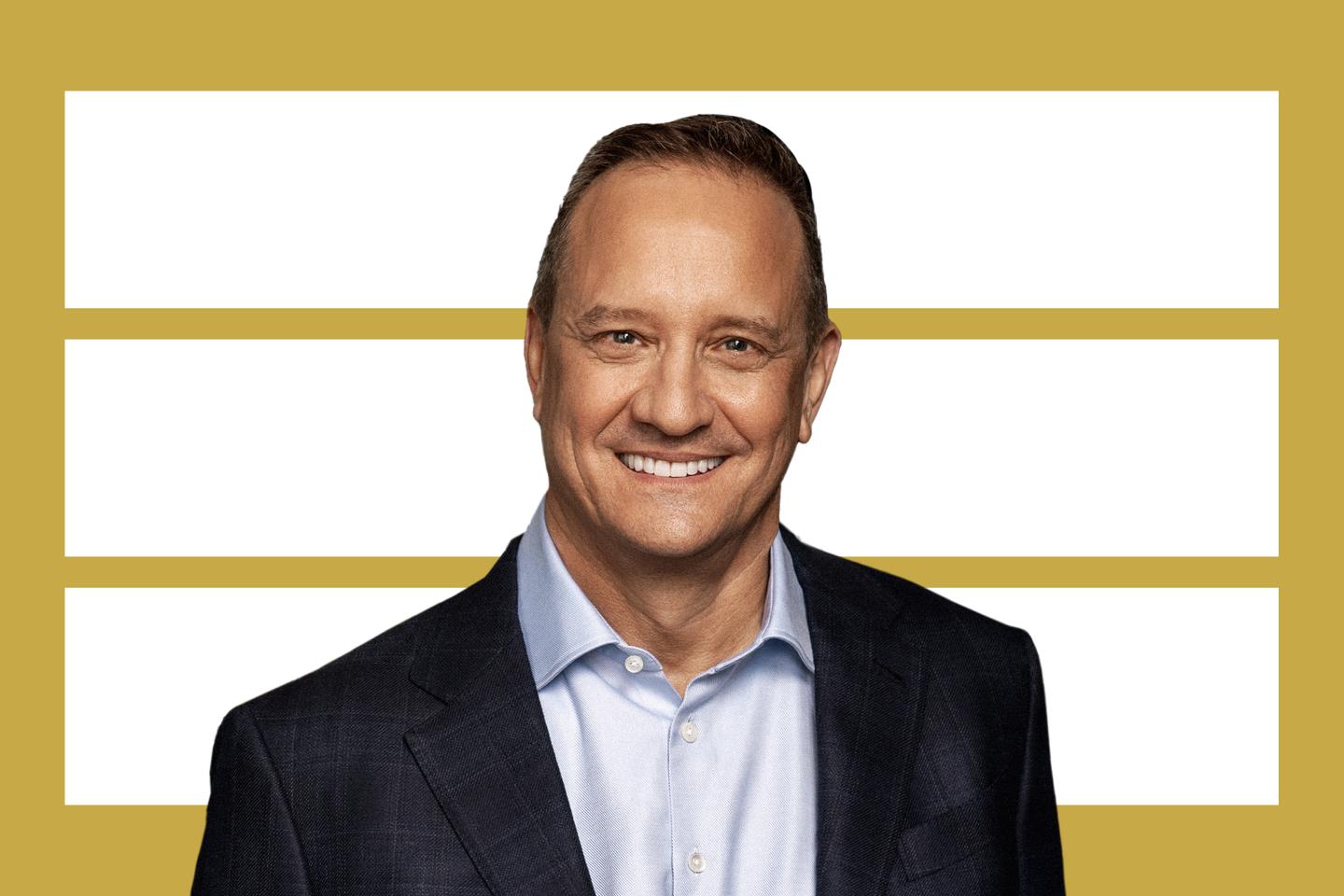 Portrait of Dan Durn CFO EVP of finance, technology services and operations at Adobe, on gold and white background.
