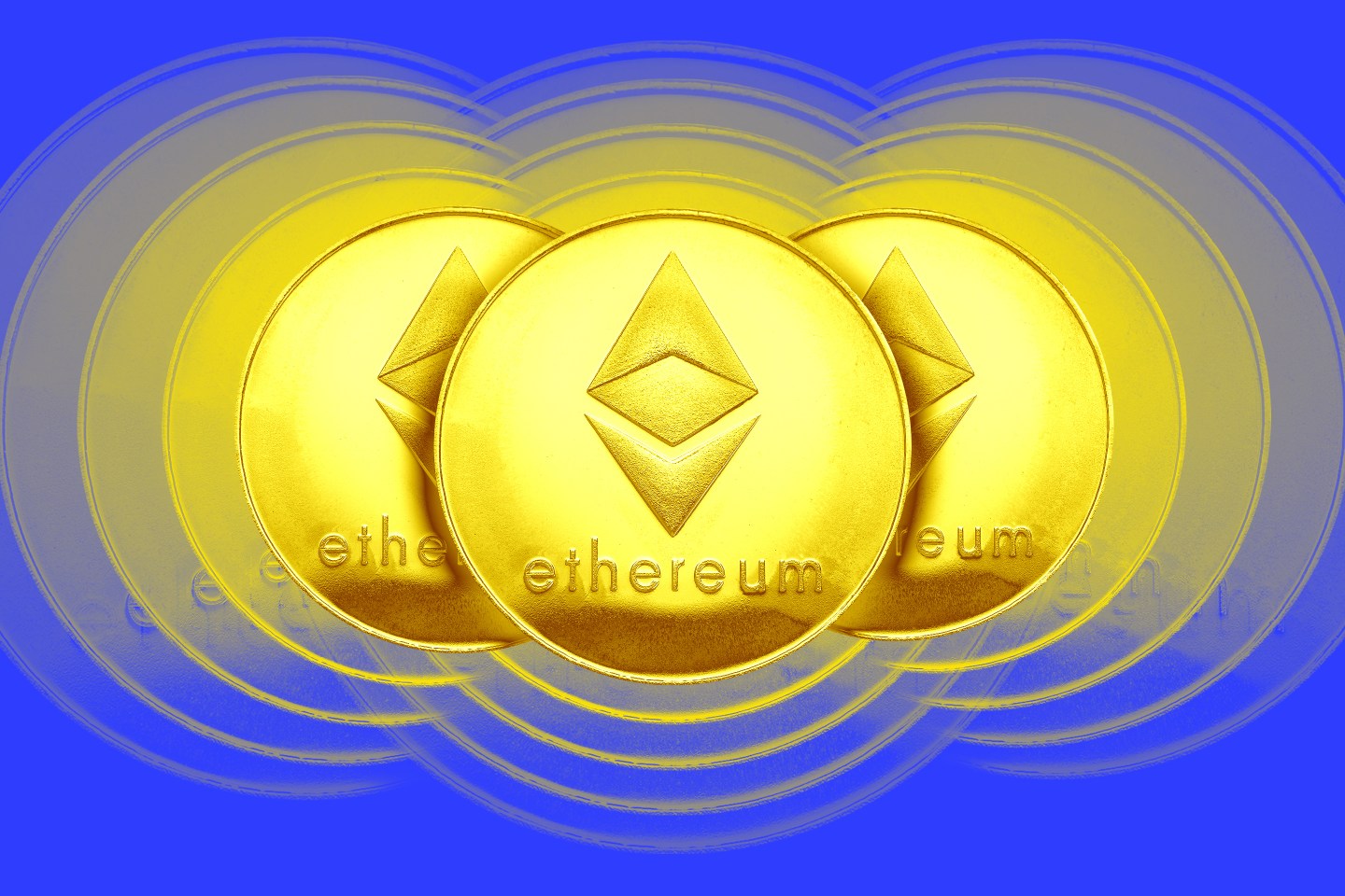 An illustration of three gold coins with Ethereum's logo that are fading into the background.