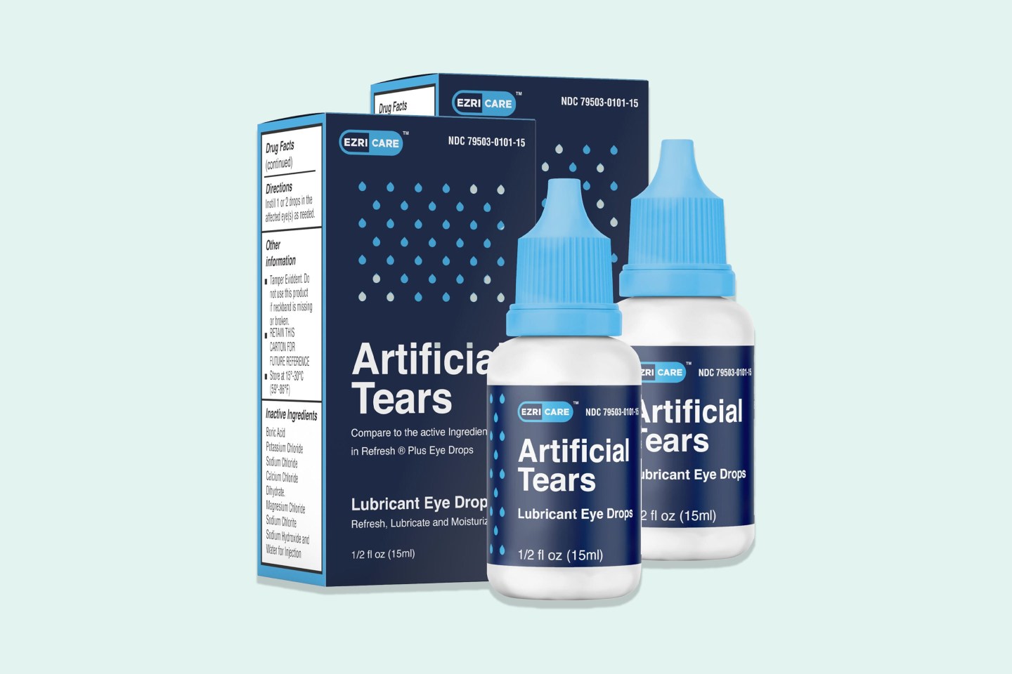 Picture of EzriCare Artificial Tears bottles and box against a blue background