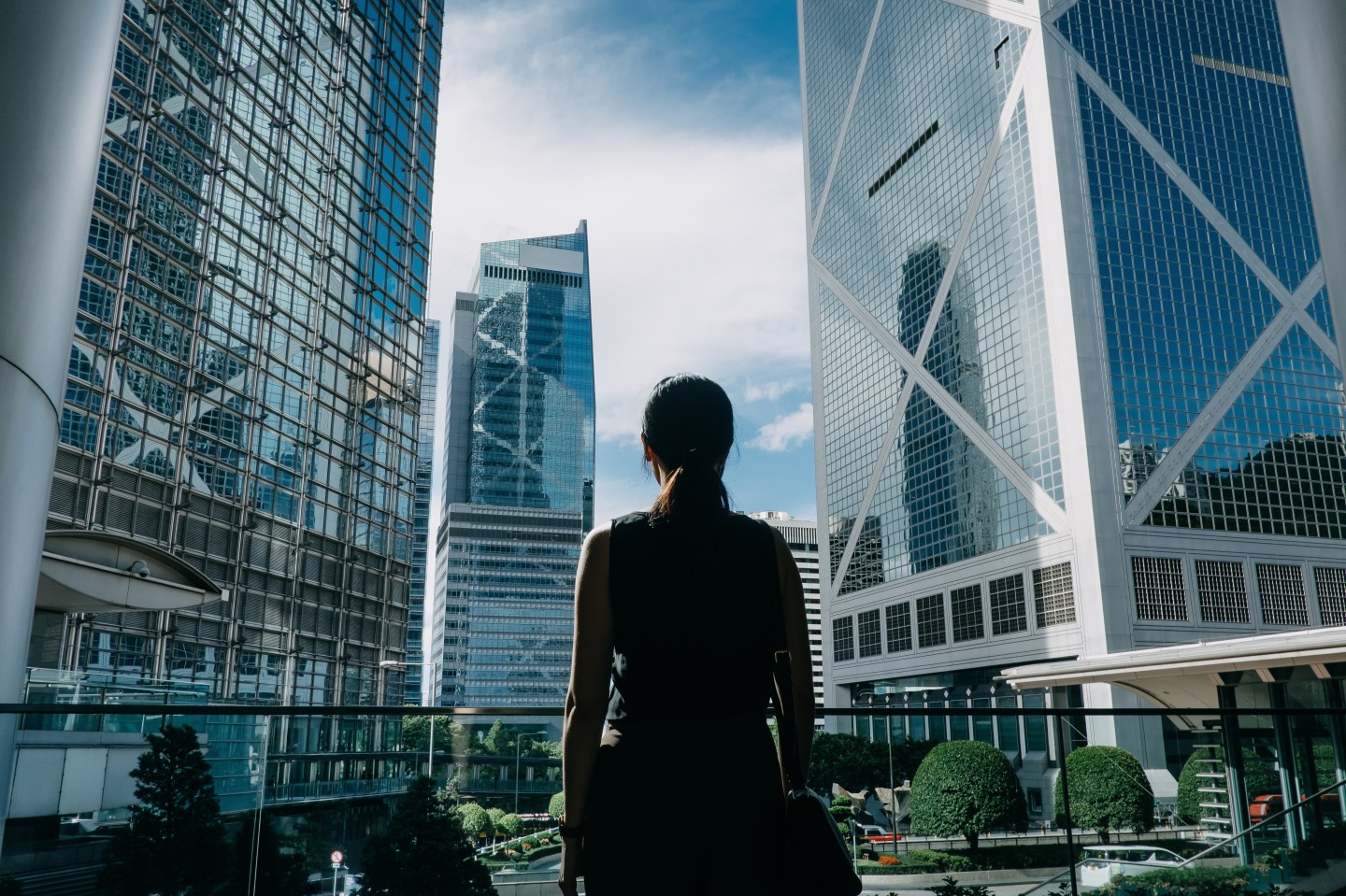 Rear view of professional young businesswoman standing against