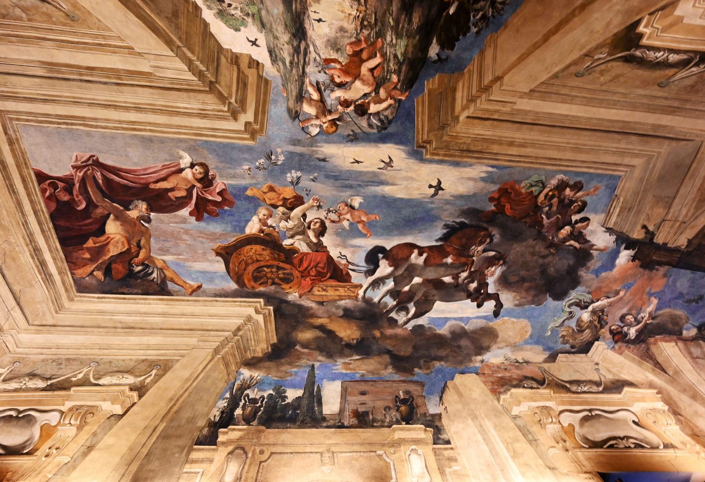 This photograph taken on January 21, 2022, shows the ceiling painting 'Aurora on Her Triumphal Chariot' by Guercino in the Casino dell'Aurora inside the Villa Boncompagni Ludovisi in Rome.