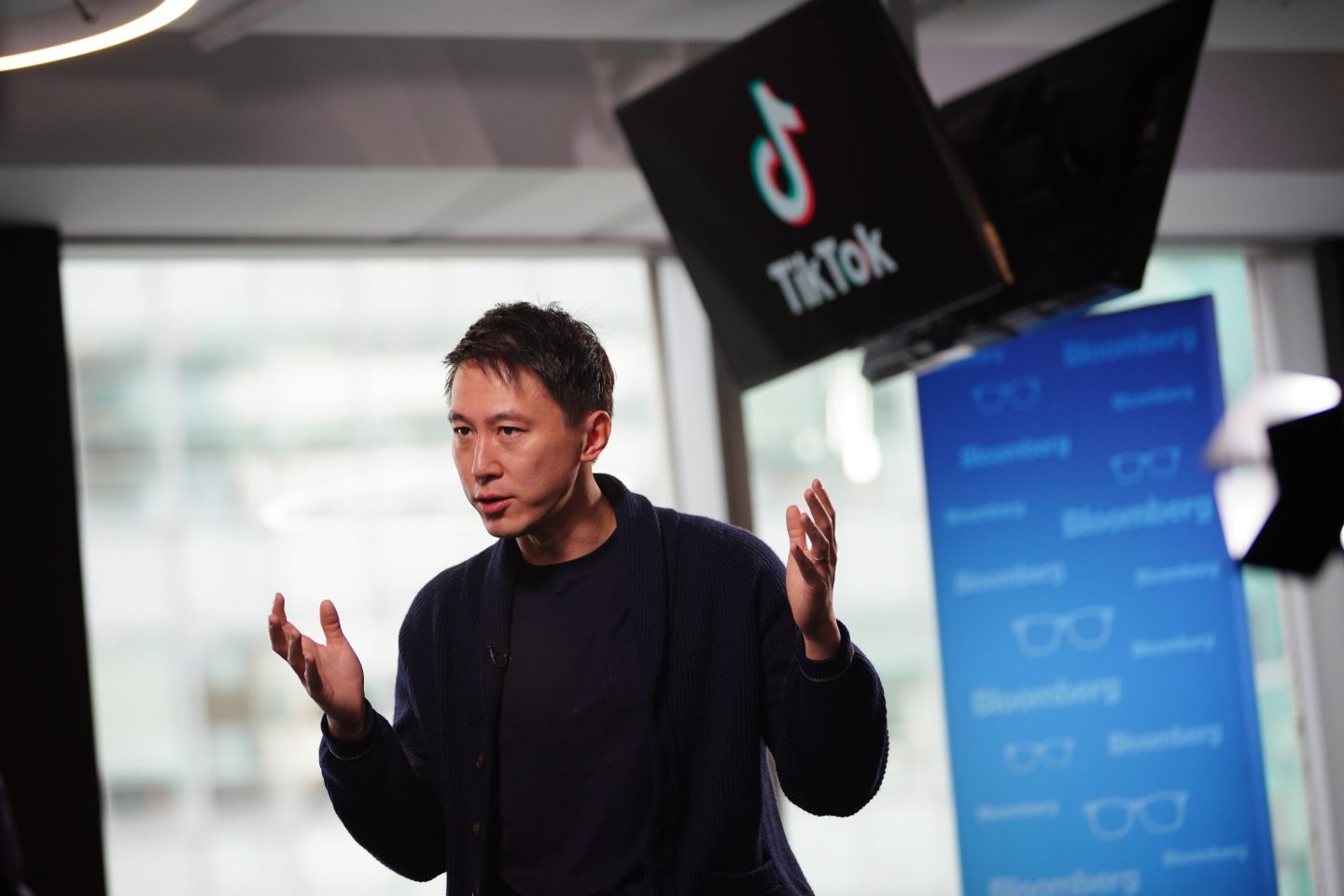 Shouzi Chew, chief executive officer of TikTok Inc., during an interview for an episode of "The David Rubenstein Show: Peer-to-Peer Conversations" at the TikTok office in New York, U.S., on Thursday, Feb. 17, 2022.