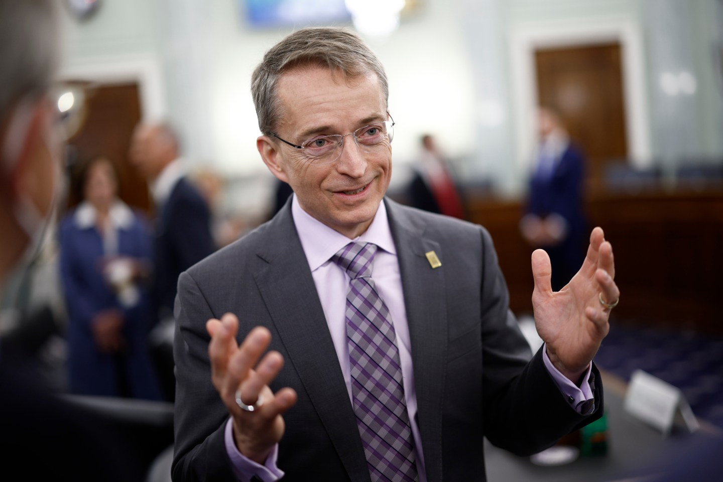 Patrick Gelsinger, chief executive officer of Intel Corp., speaks to members of the media after a Senate Commerce, Science and Transportation Committee hearing in Washington, D.C., U.S., on Wednesday, March 23, 2022.