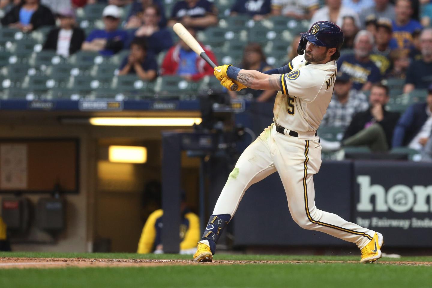 Milwaukee Brewers center fielder Garrett Mitchell gets a hit during a game between the Milwaukee Brewers and the Arizona Diamondbacks at American Family Field