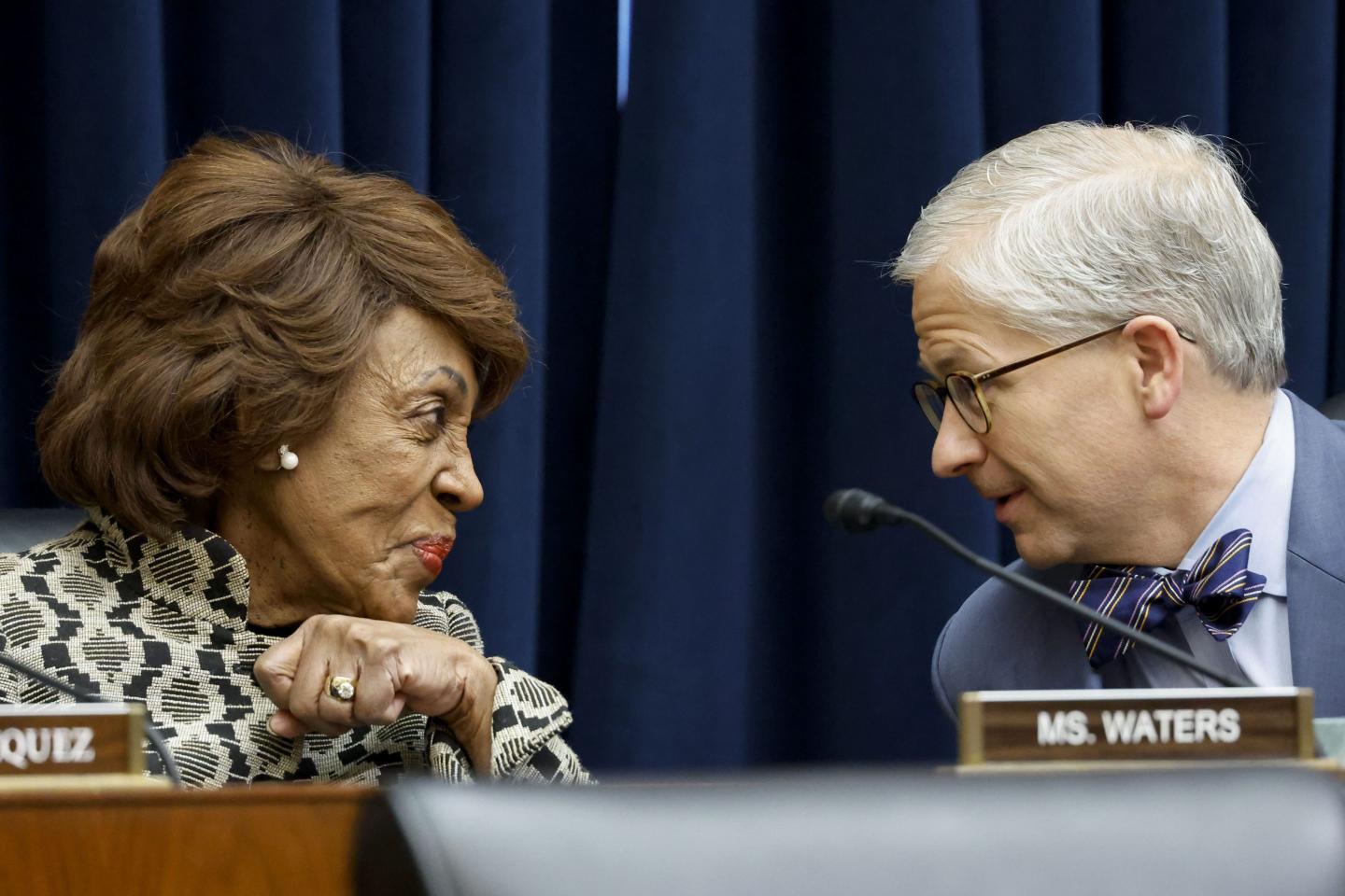 Representative Maxine Waters, a Democrat from California and ranking member of the House Financial Services Committee, left, speaks with Representative Patrick McHenry, a Republican of North Carolina and chairman of the House Financial Services Committee, during a hearing in Washington, DC, US, on Tuesday, Feb. 7, 2023.
