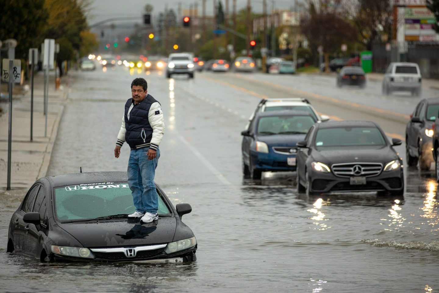 Cars are stranded in flooded North Hollywood, California, on Feb. 25.