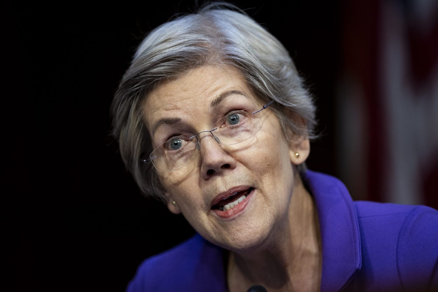 Senator Elizabeth Warren, a Democrat from Massachusetts, speaks during a Senate Banking, Housing, and Urban Affairs Committee hearing in Washington, DC, US, on March 7, 2023.