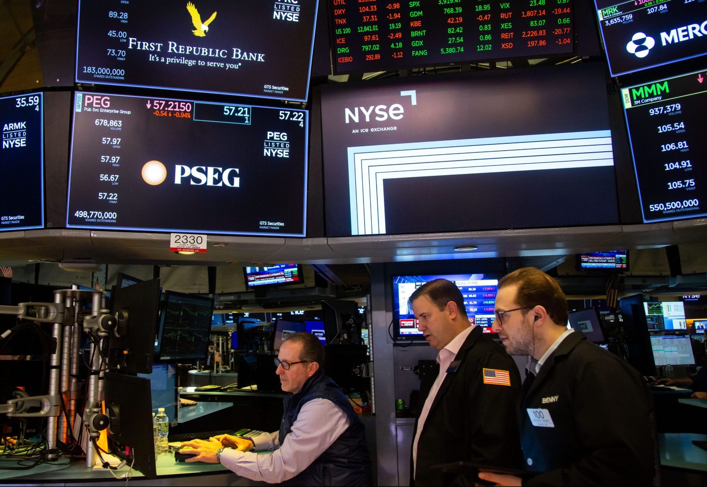 Traders below signage of First Republic Bank, which is in turmoil after the collapse of two other regional banks.