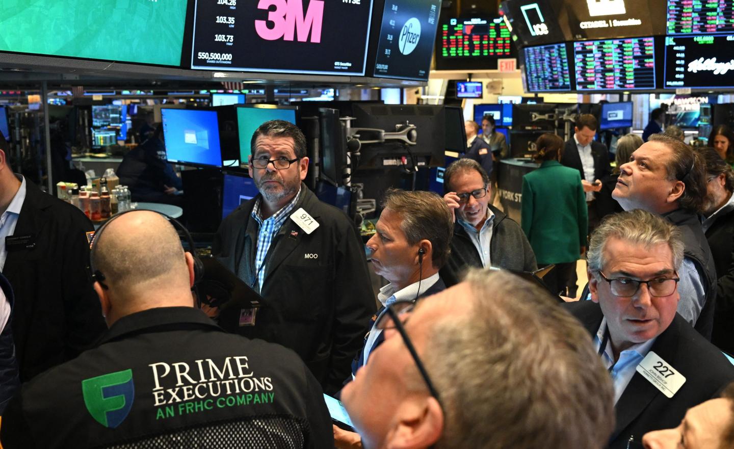 Traders work on the floor of the New York Stock Exchange during morning trading on March 13, 2023, in New York City.