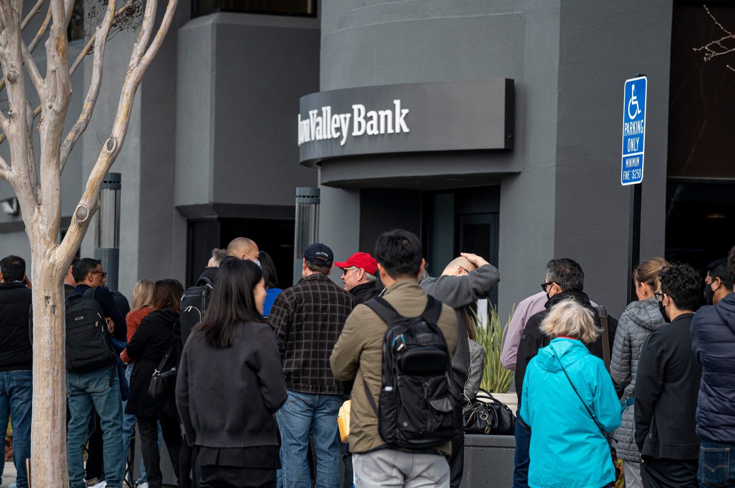 Customers in line outside Silicon Valley Bank's headquarters on March 13