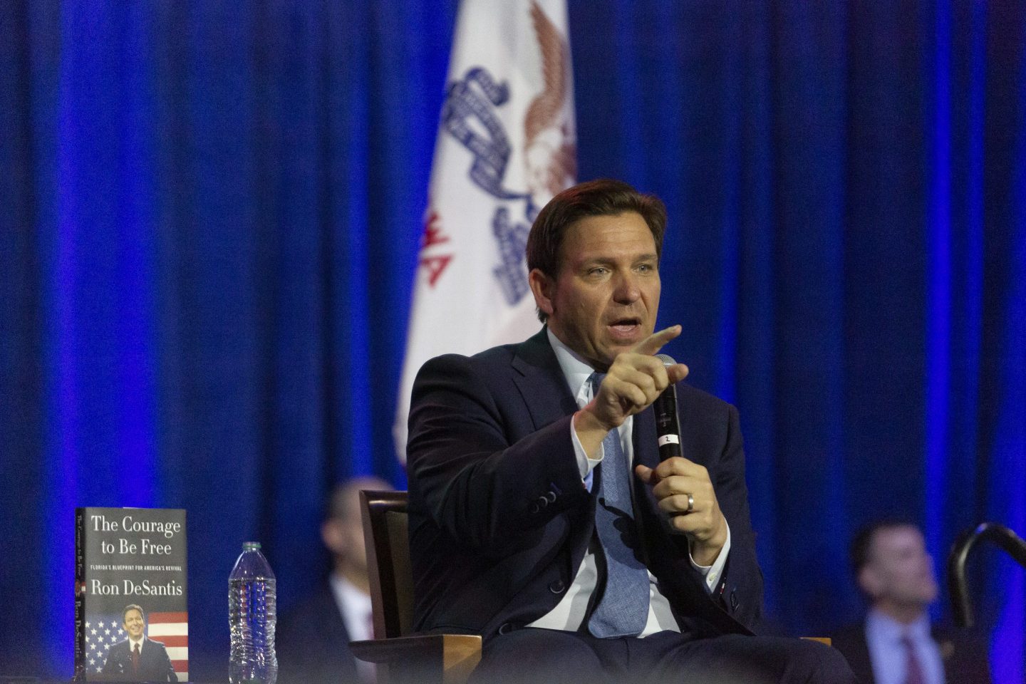 Florida Governor Ron DeSantis speaks during a book tour in Des Moines, Iowa.