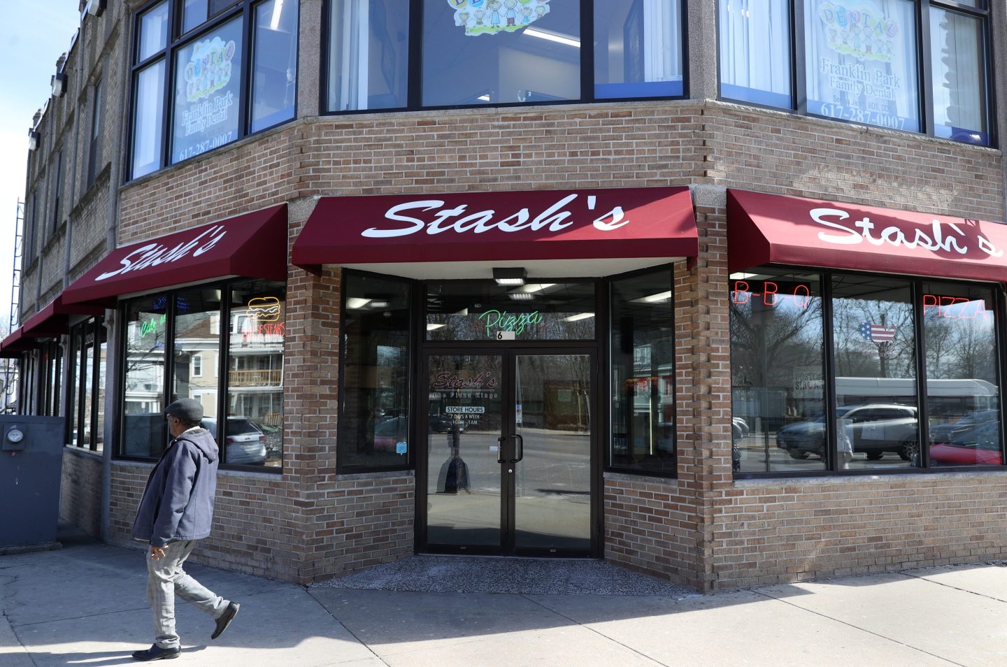 An exterior of Stash's Pizza of Dorchester.