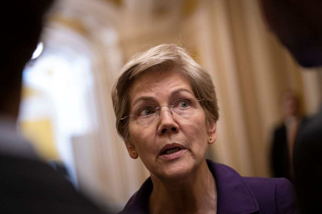 WASHINGTON, DC &#8211; MARCH 22: Sen. Elizabeth Warren (D-MA) speaks with reporters on her way to a closed-door lunch meeting with Senate Democrats at the U.S. Capitol March 22, 2023 in Washington, DC. In a news conference following the lunch, Senate Majority Leader Chuck Schumer fielded questions on a range of topics, including the health of Sen. John Fetterman (D-PA), interest rate hikes and a potential indictment of former President Donald Trump. (Photo by Drew Angerer/Getty Images)