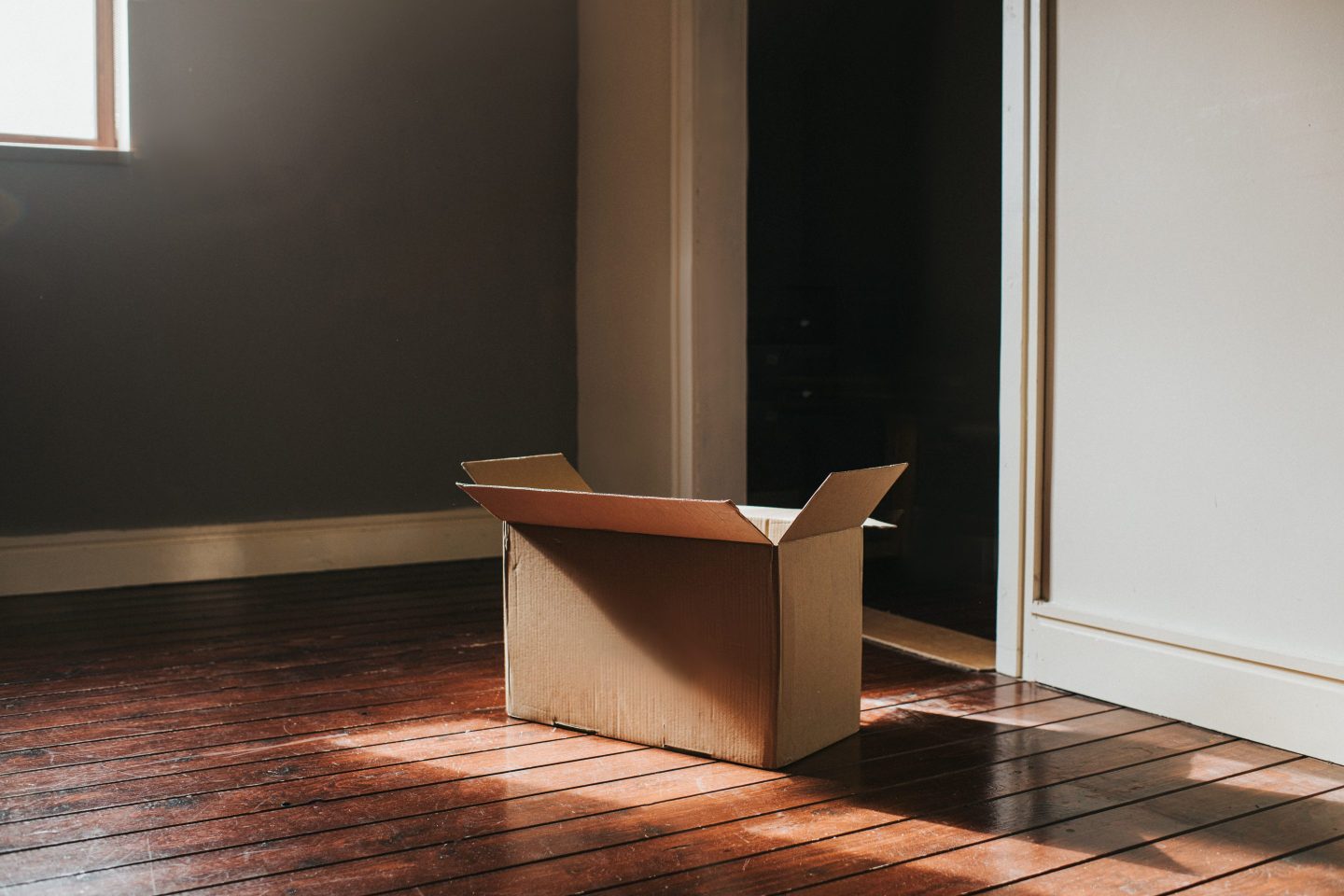 A cardboard box in an otherwise empty room