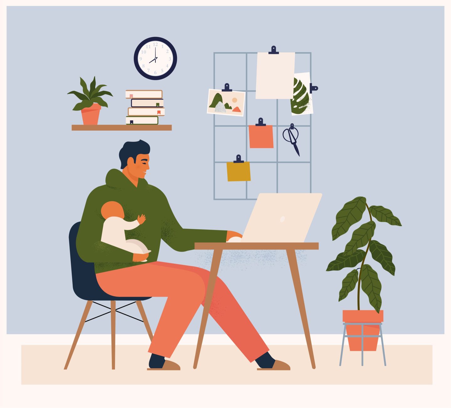 Illustraiton of a young man working at home with a baby on his lap.