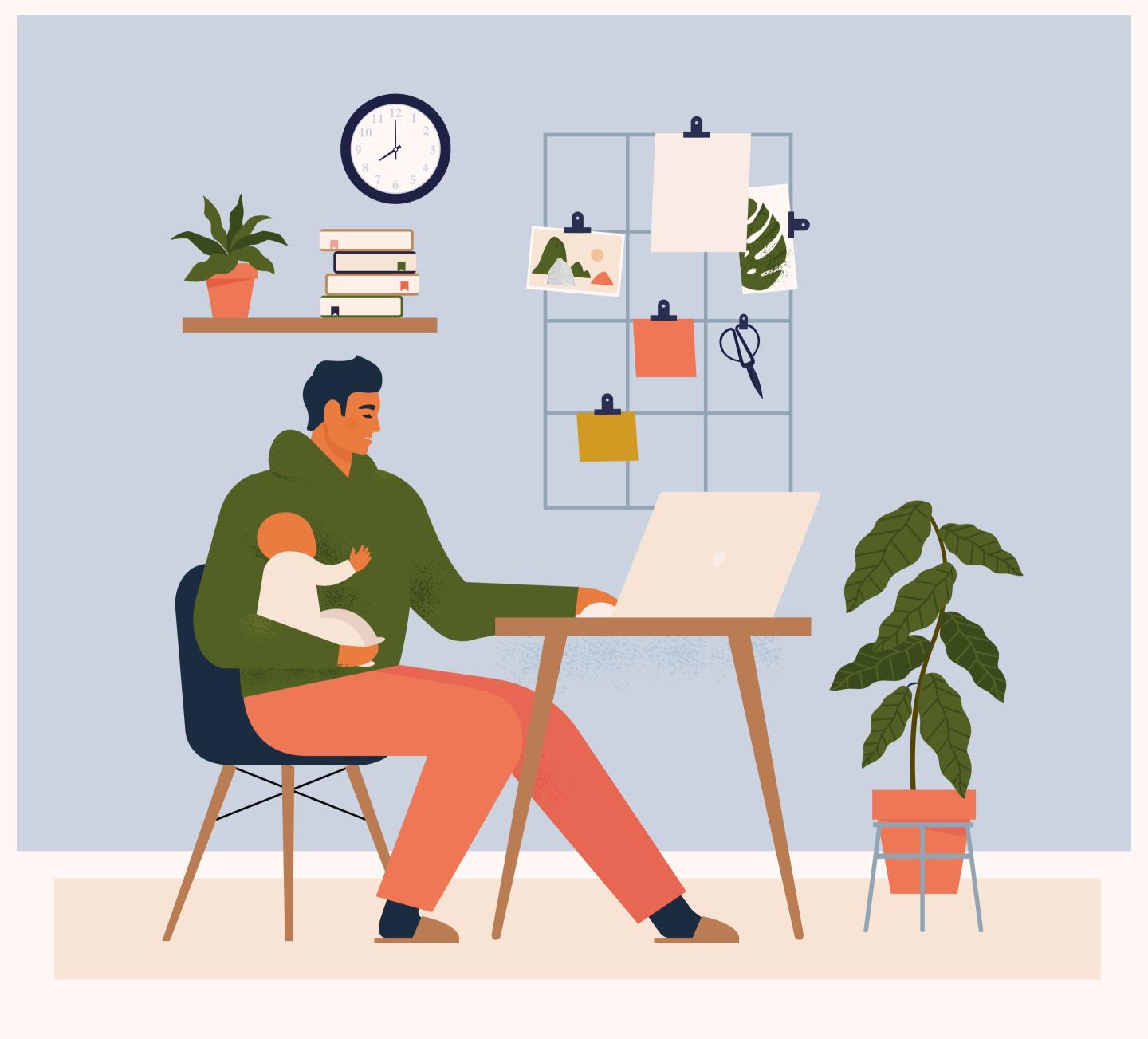 Illustraiton of a young man working at home with a baby on his lap.