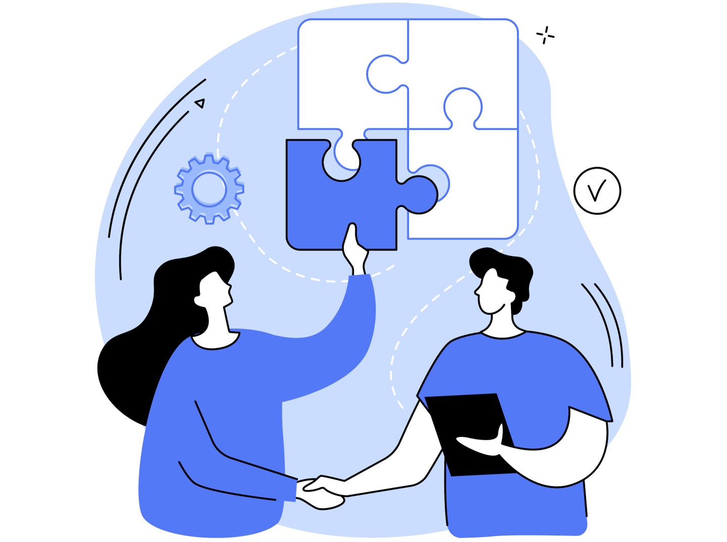 Illustration of two people working together to put puzzle pieces together