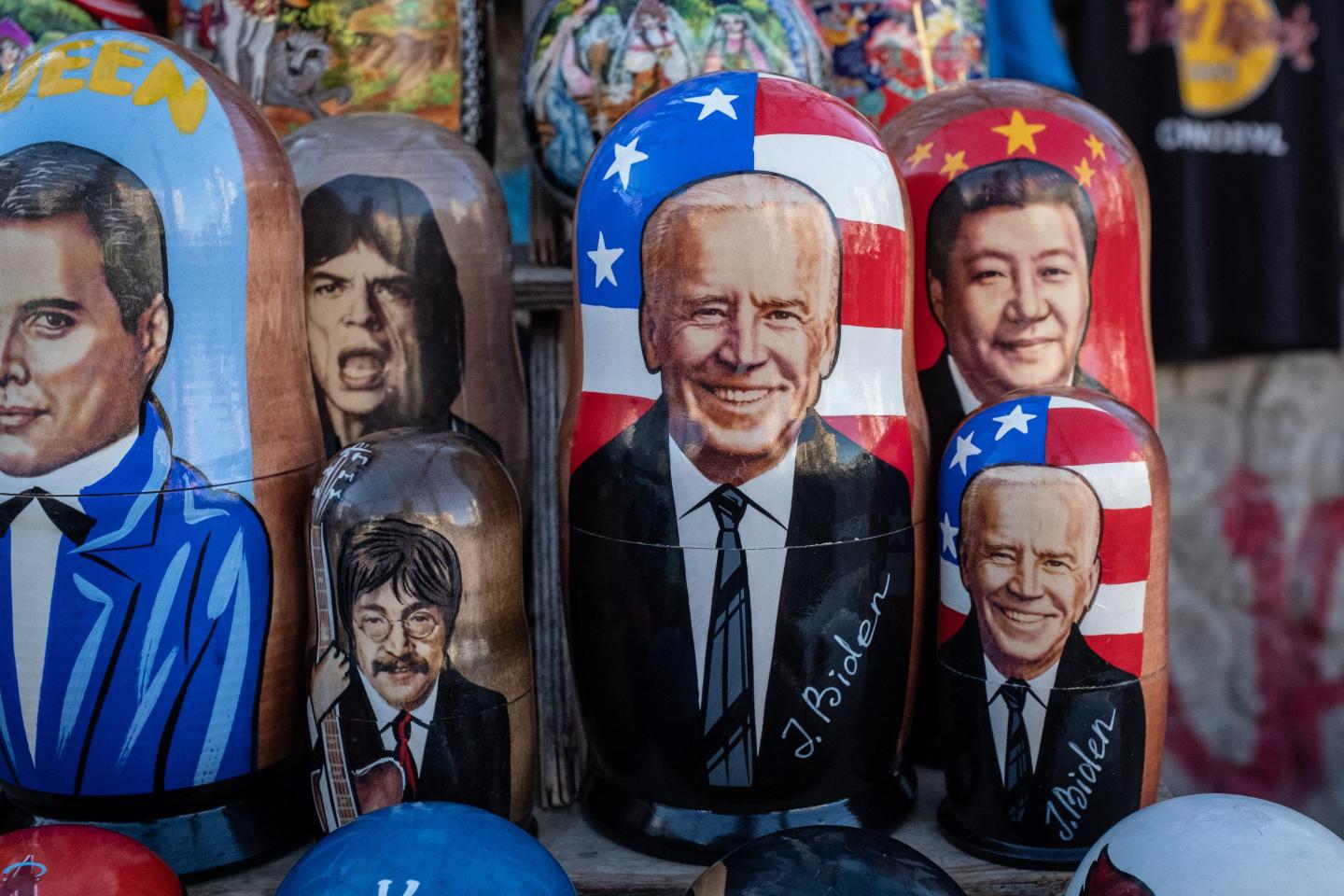 Russian nesting dolls with Joe Biden and Xi Jinping's faces on them