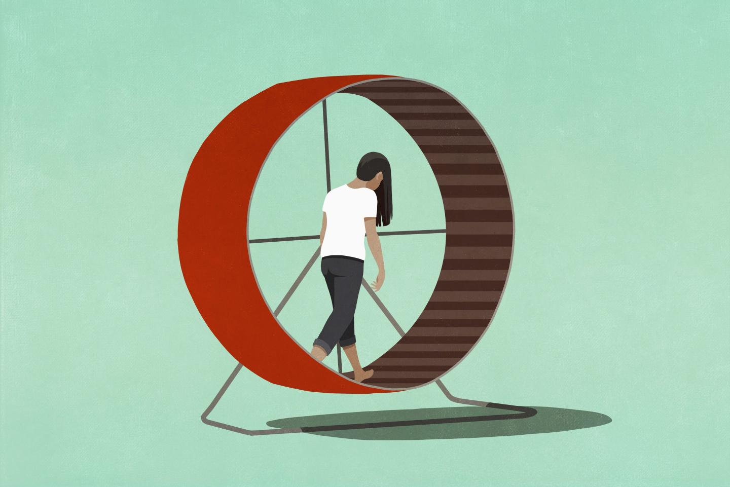 Illustration of a tired woman walking in a hamster wheel