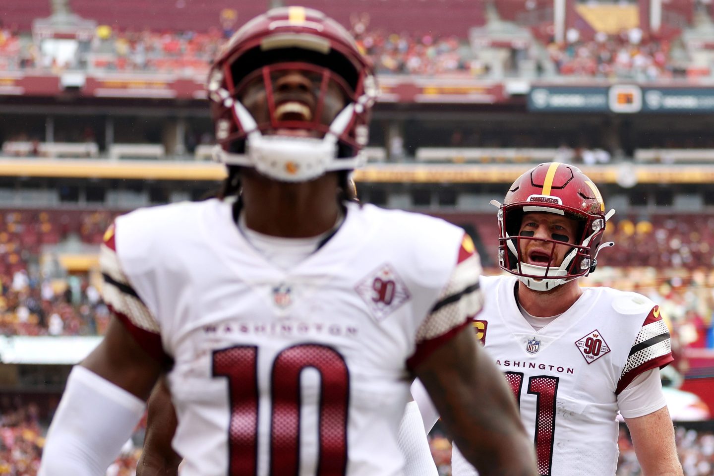 The Washington Commanders celebrate after scoring a touchdown against the Jacksonville Jaguars on Sep. 11, 2022