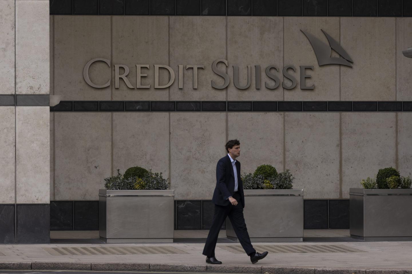 A general view of Credit Suisse in the Canary Wharf business district on October 03, 2022 in London, England.