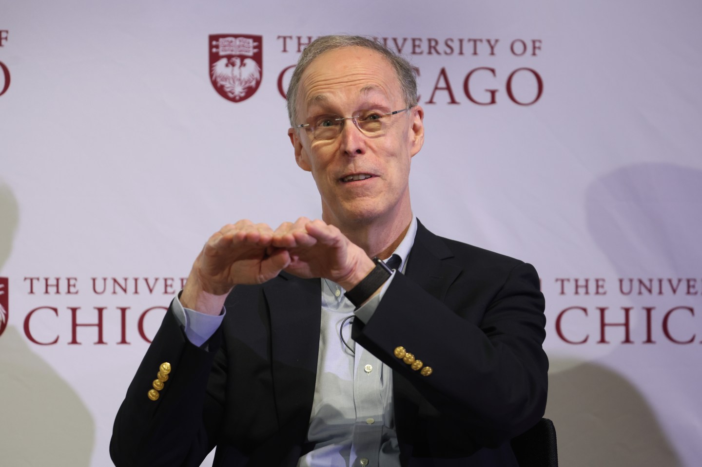University of Chicago professor Douglas Diamond meets guests shortly after learning he had won the Nobel Prize in Economic Sciences, Oct. 10, 2022, in Chicago.