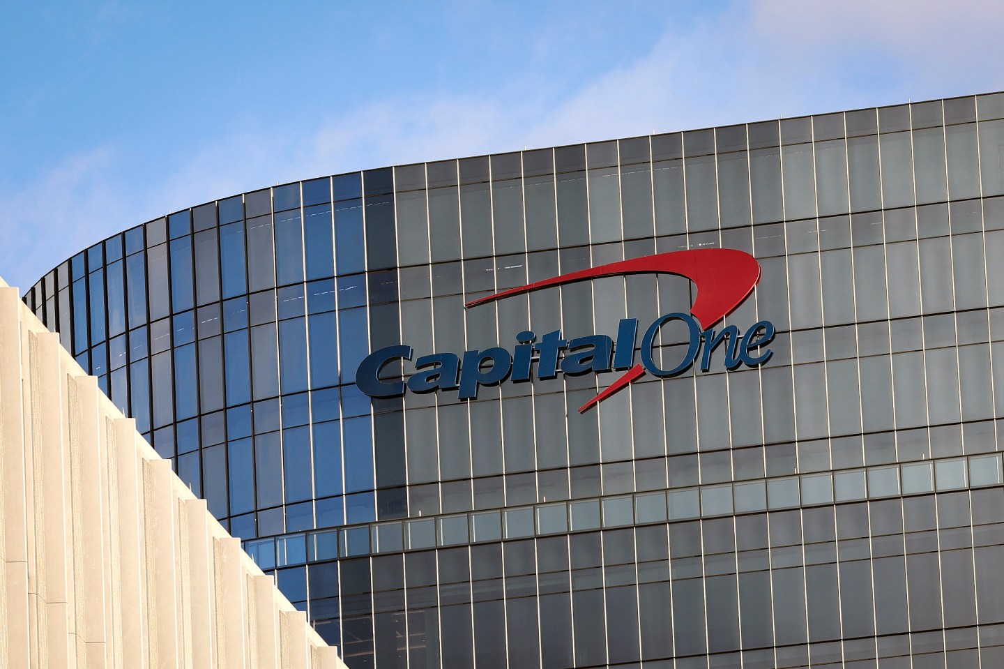 The logo for consumer lending firm Capital One Financial Corp is seen on its headquarters