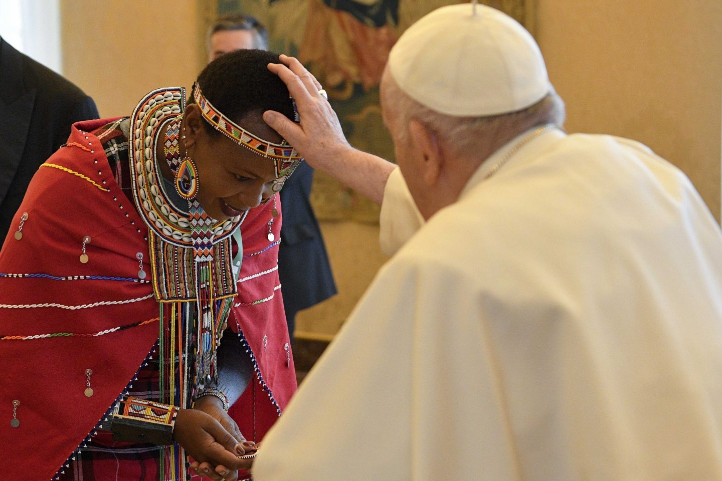 Pope Francis meets a group of Indigenous delegates attending the 6th Global Meeting of the Indigenous People's Forum at the Apostolic Palace on February 10, 2023 in Vatican City, Vatican. Pope Francis has urged governments and the international community to respect the cultures, dignity and rights of Indigenous Peoples, acknowledging their crucial role in helping address the current global environmental crisis.
