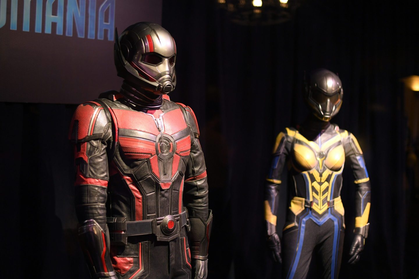 Original movie costumes on display at the Nerdist fan event for Marvel Studios' "Ant-Man And The Wasp: Quantumania" at El Capitan Theatre.