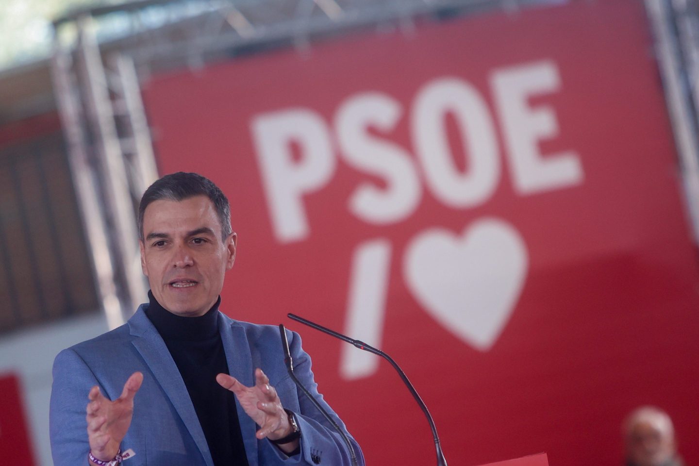 Spanish Prime Minister Pedro Sánchez speaks during an event commemorating International Women's Day, 8M, at the Casa de Campo Convention Pavilion, on March 4, 2023, in Madrid.