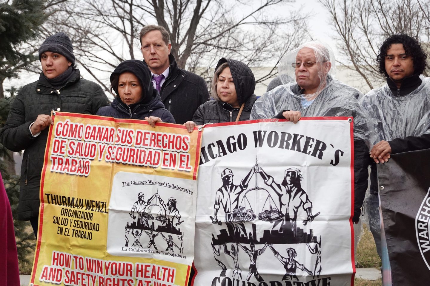 Activists gather near the Hearthside Foods packaging facility in Bolingbrook, Illinois, on Mar. 6.