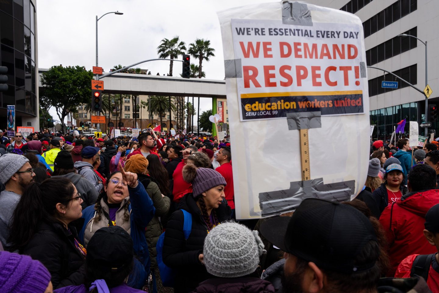 Los Angeles Unified School District (LAUSD) workers and supporters rally on the first day of a three-day strike on March 21, 2023.