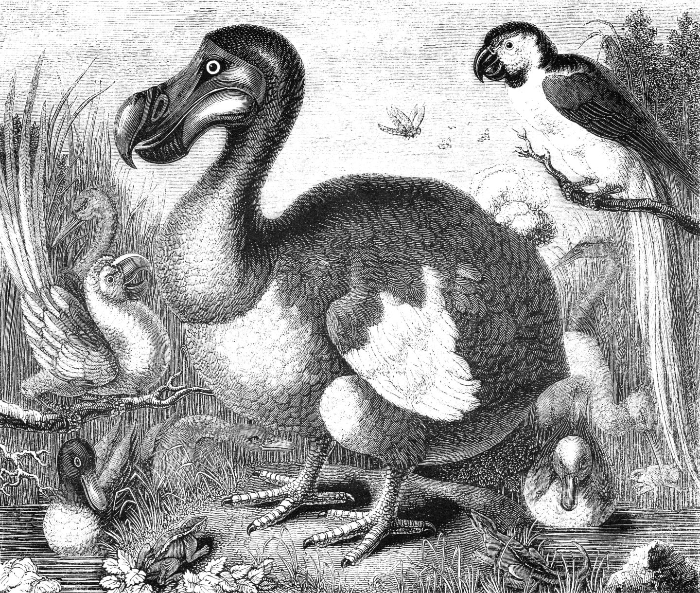 The dodo (Raphus cucullatus) was a flightless bird endemic to the Indian Ocean island of Mauritius. Illustration was published in 1870