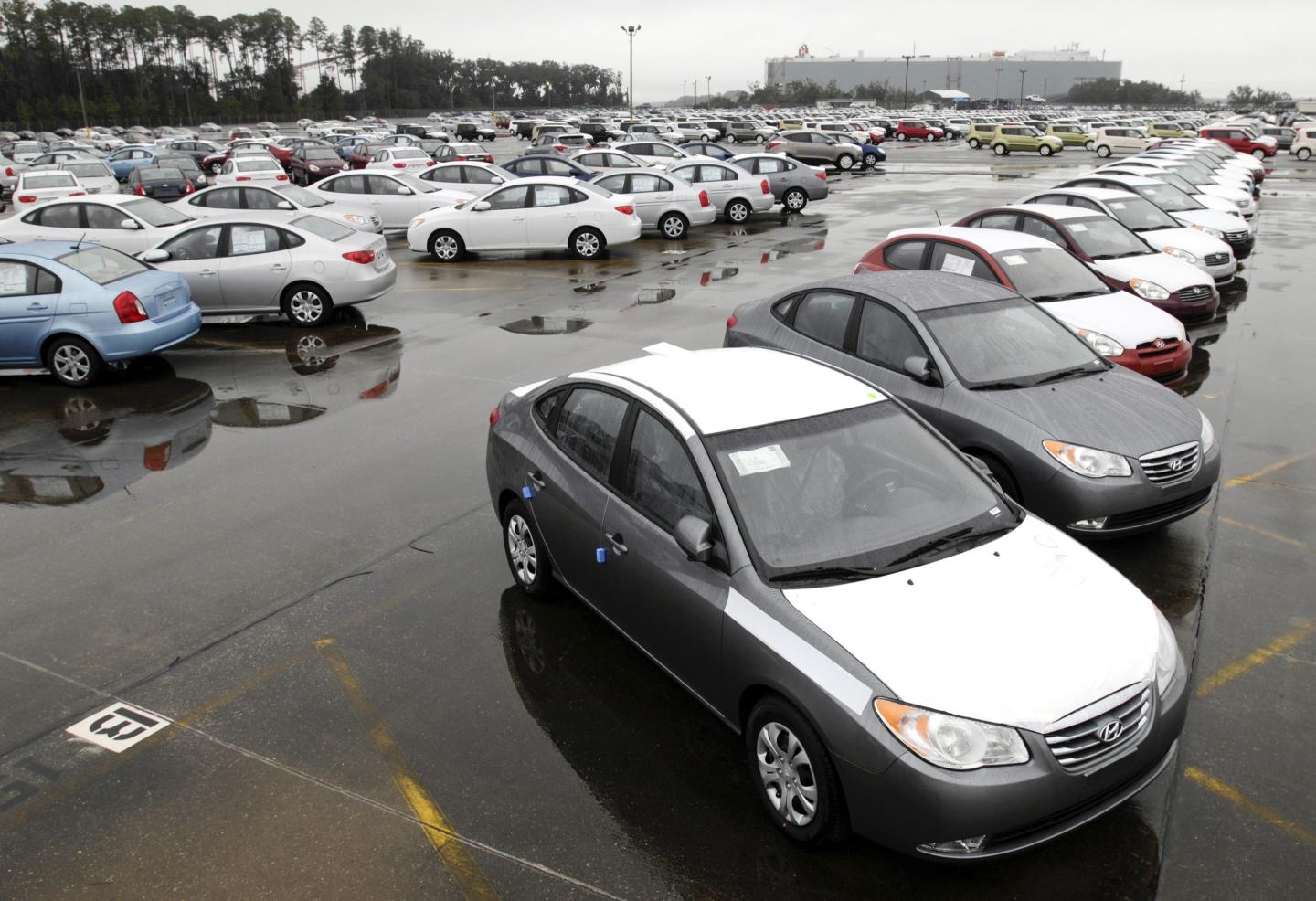 Hyundai vehicles sit in a storage lot in Georgia
