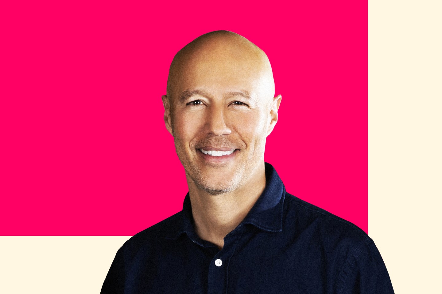 Portrait of Lyft CEO David Risher on pink and beige background.