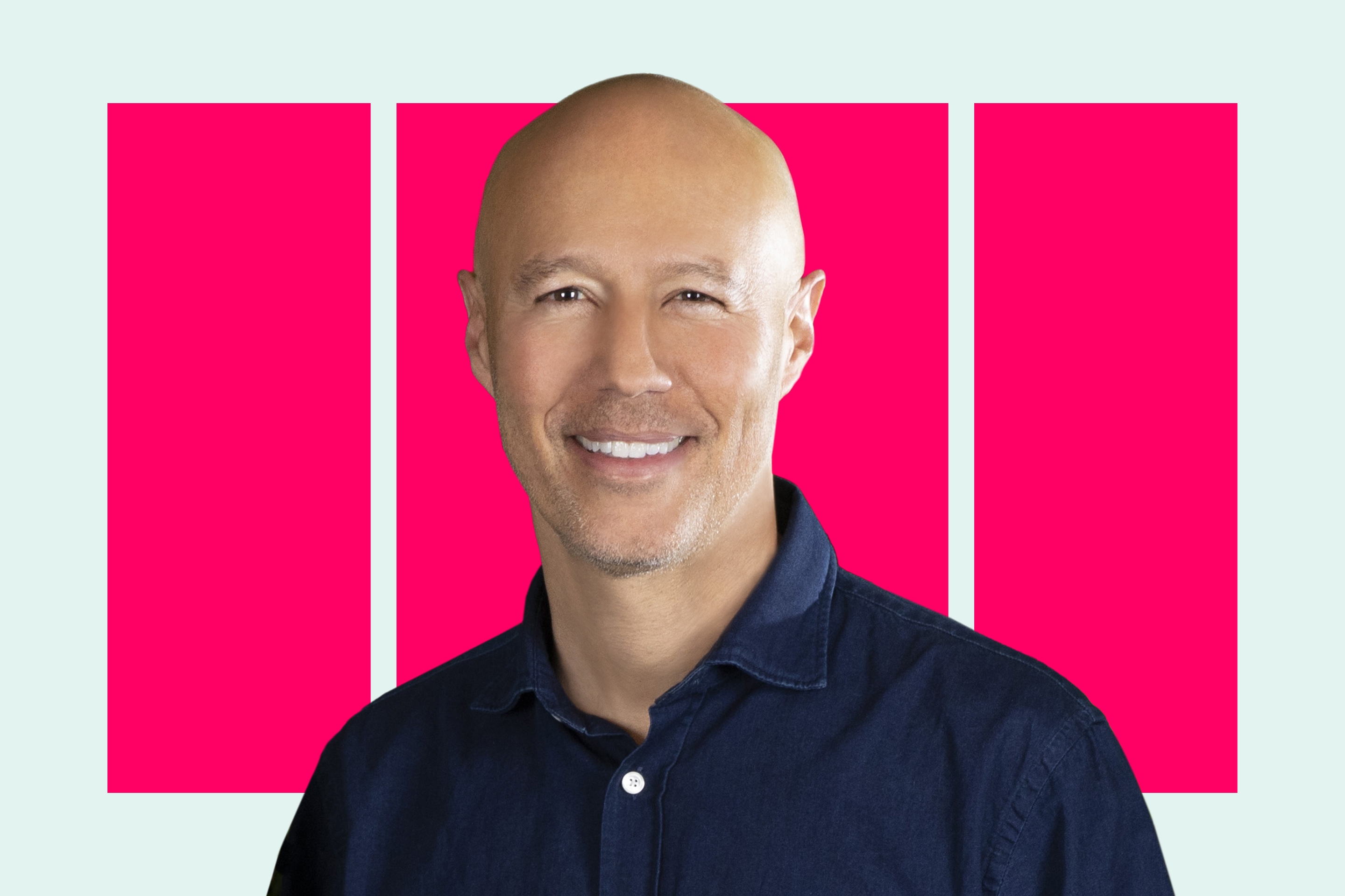 Portrait of Lyft CEO David Risher on pink and blue background.