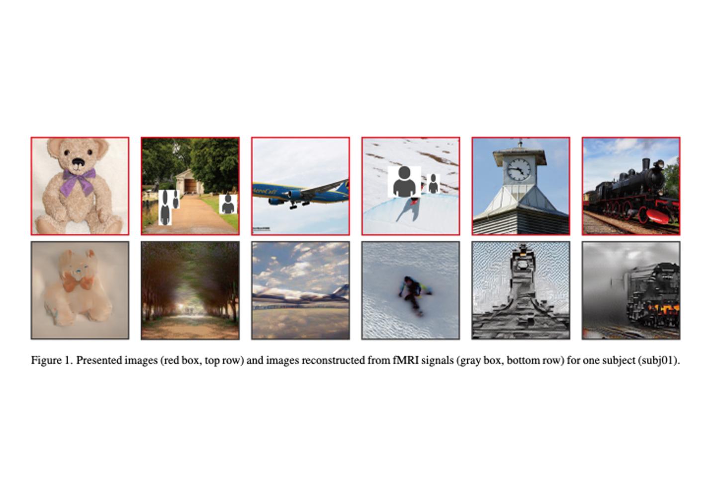 A.I. re-creations of images captured by brain scans (bottom row) and original images (top row).
