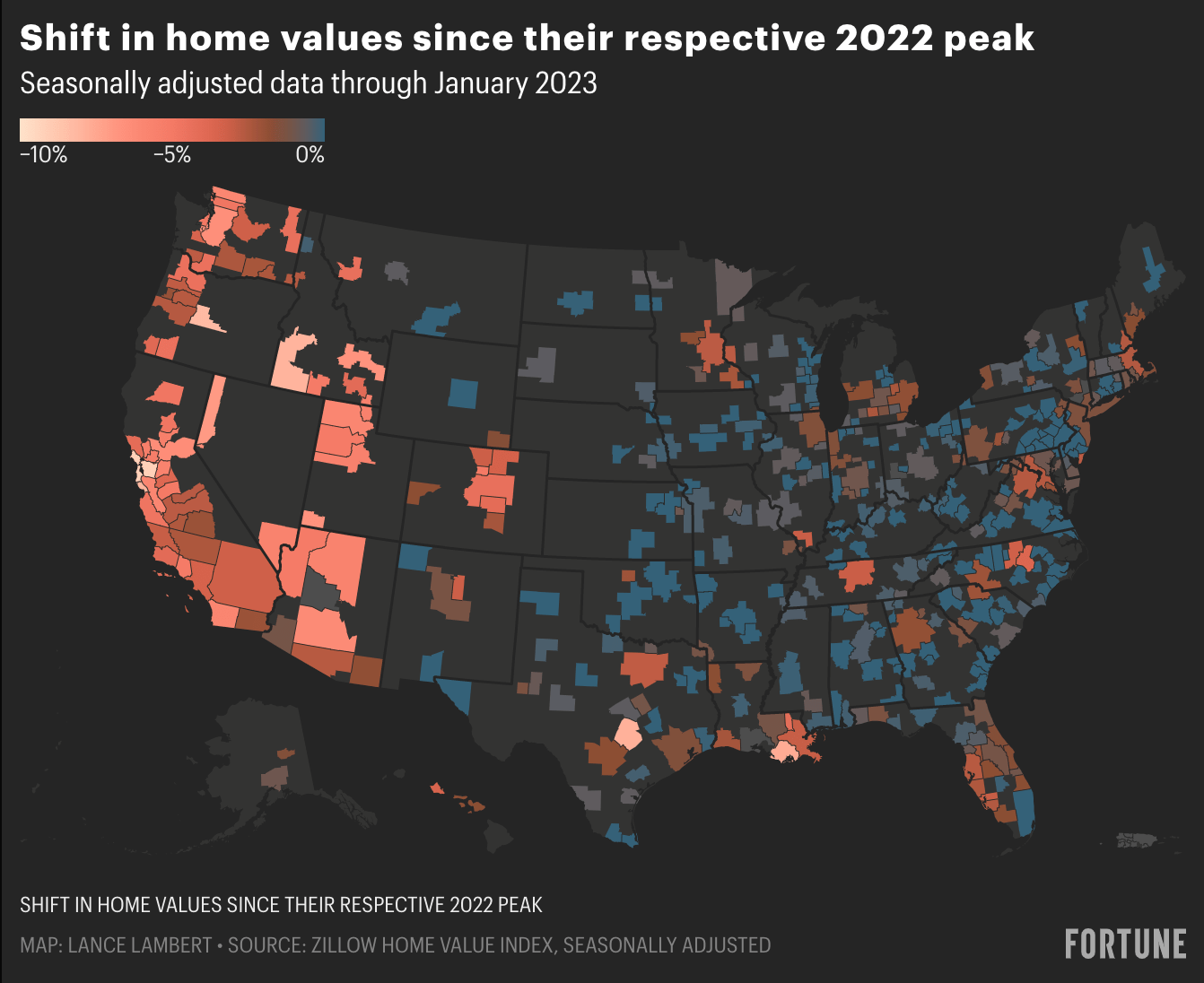 Chart showing how regional U.S. house prices have shifted since their 2022 peak