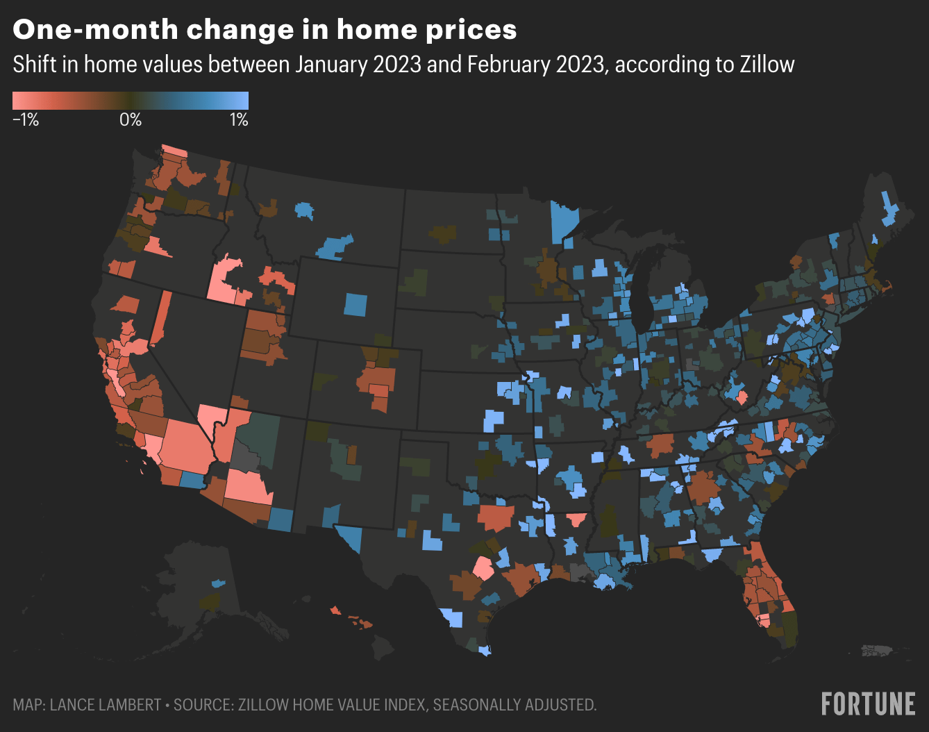 Map showing shift in U.S. home values from January 2023 to February 2023.