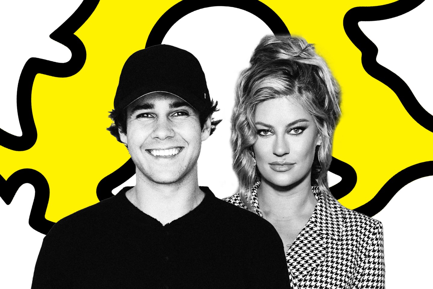 David Dobrick and Hannah Stocking on background with layered Snapchat logos.