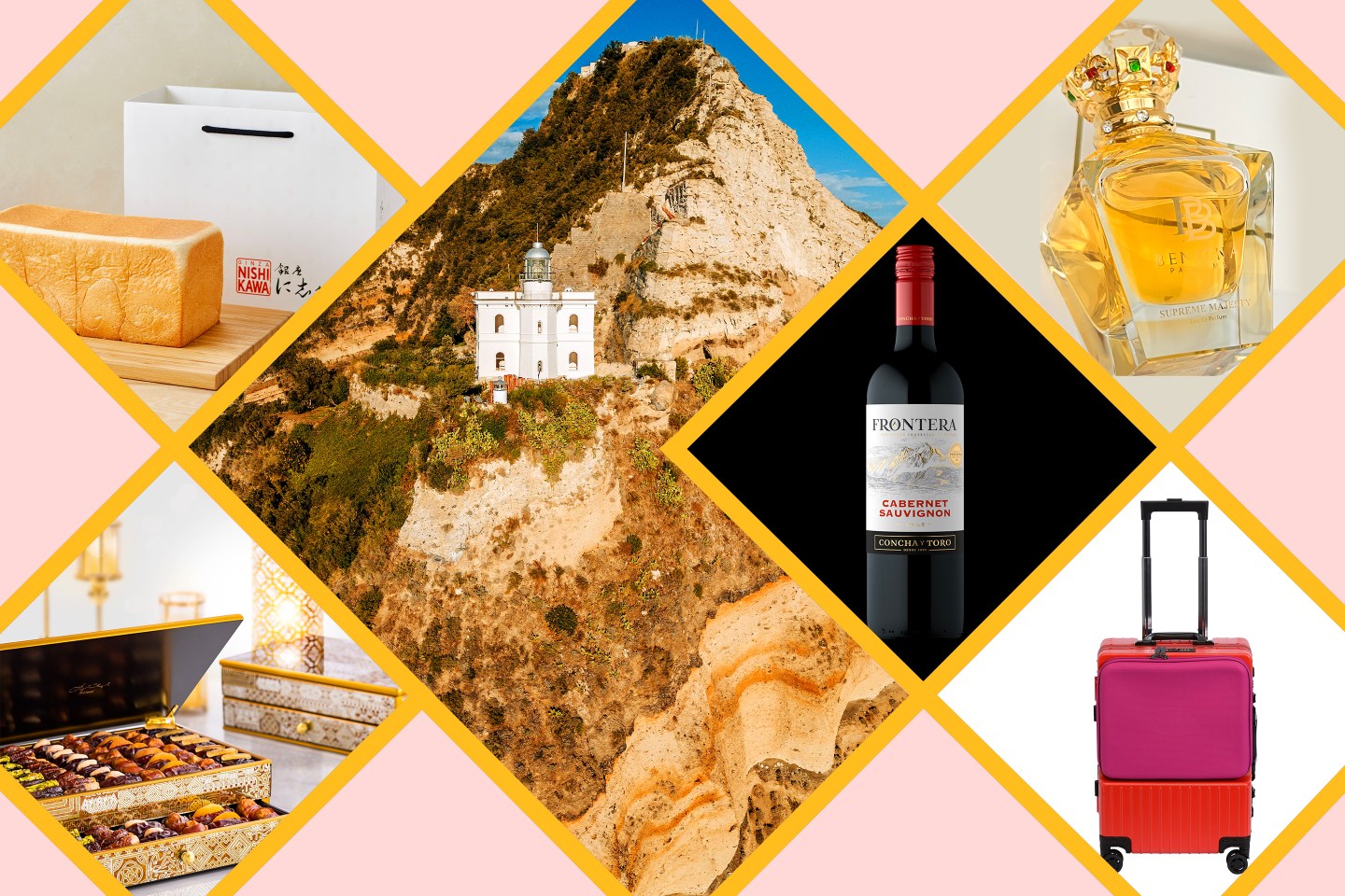 Product collage of bread, chocolates, a pink suitcase, a bottle of cabernet sauvignon, a gold bottle of perfume, and Faro Punta Imperatore Lighthouse.