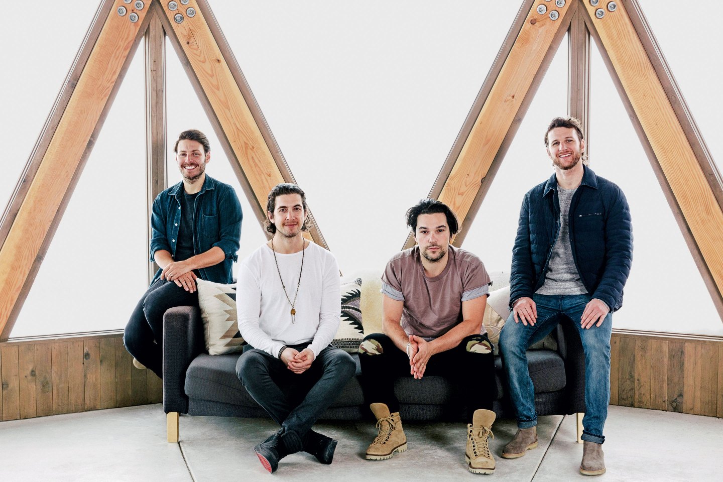 Summit Series founders, from left, Elliott Bisnow, Brett Leve,
Jeff Rosenthal, and Jeremy Schwartz, photographed in 2017 at the Skylodge on Powder Mountain.