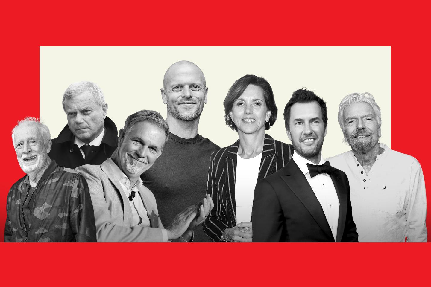 Photos of Chris Blackwell, Sir Martin Sorrell, Reed Hastings, Tim Ferriss, Beth Comstock, Blake Mycoskie, and Richard Branson in a red frame.