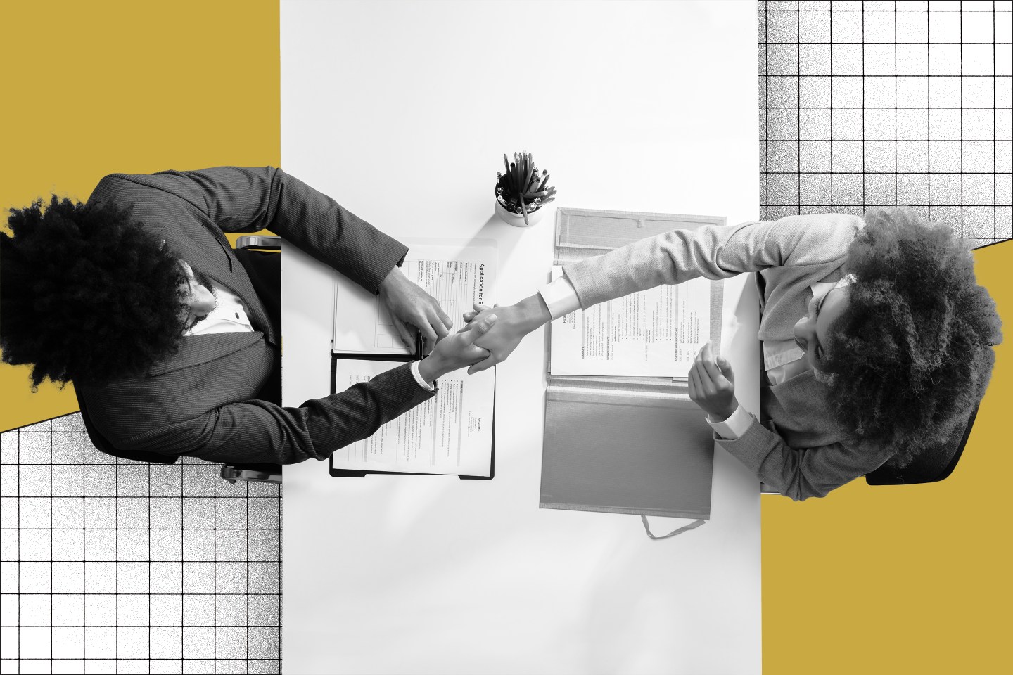 Photo illustration of an overhead view of two people in business attire shaking hands over a desk on top of a gold and grid background.