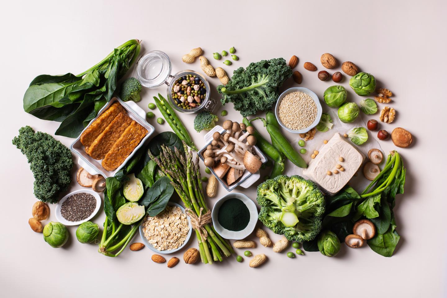 Vegan and plant based protein foods like vegetables, quinoa, and tofu seen from above.