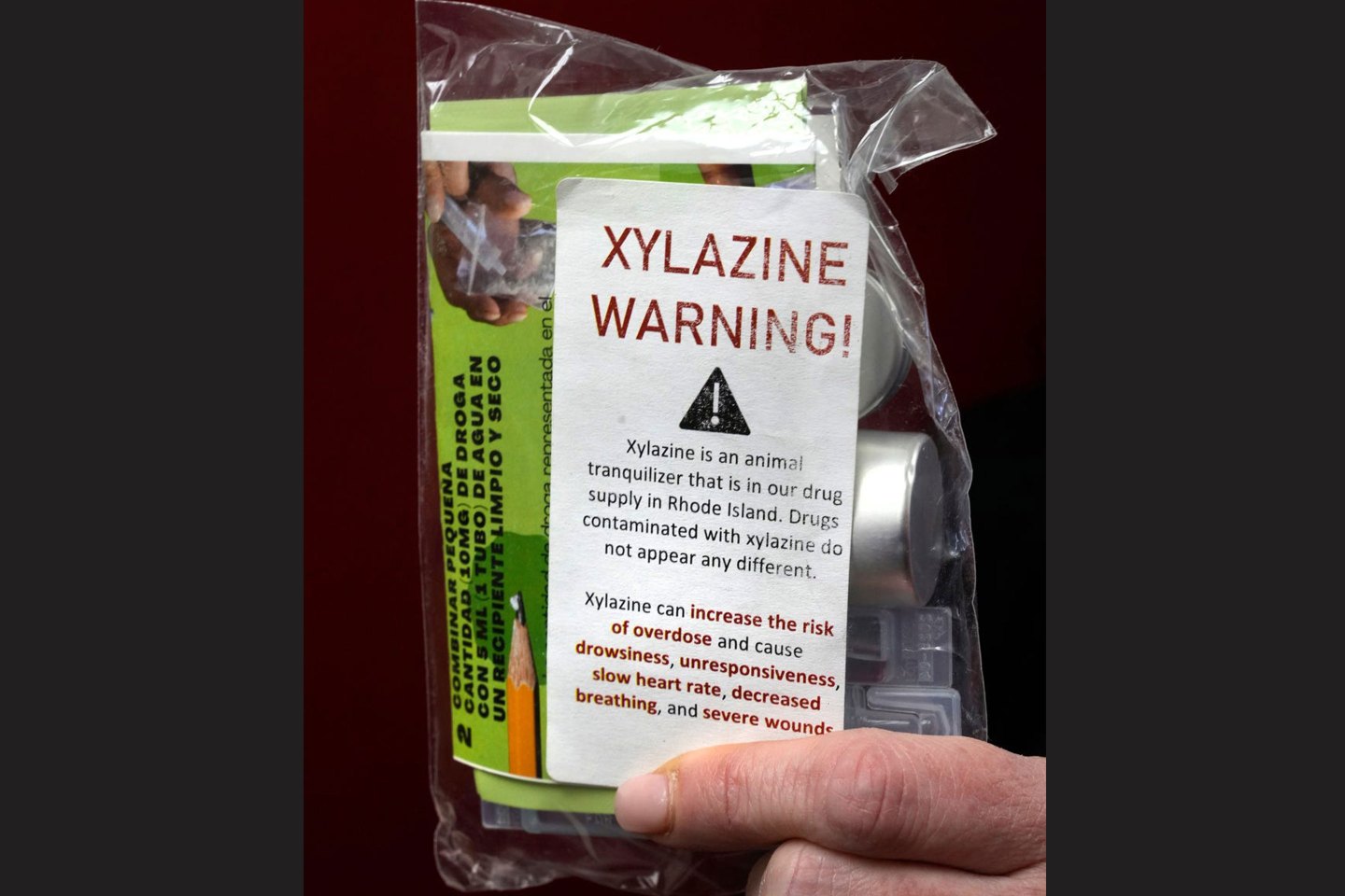A fentanyl drug testing kit warns about the dangers of xylazine.
