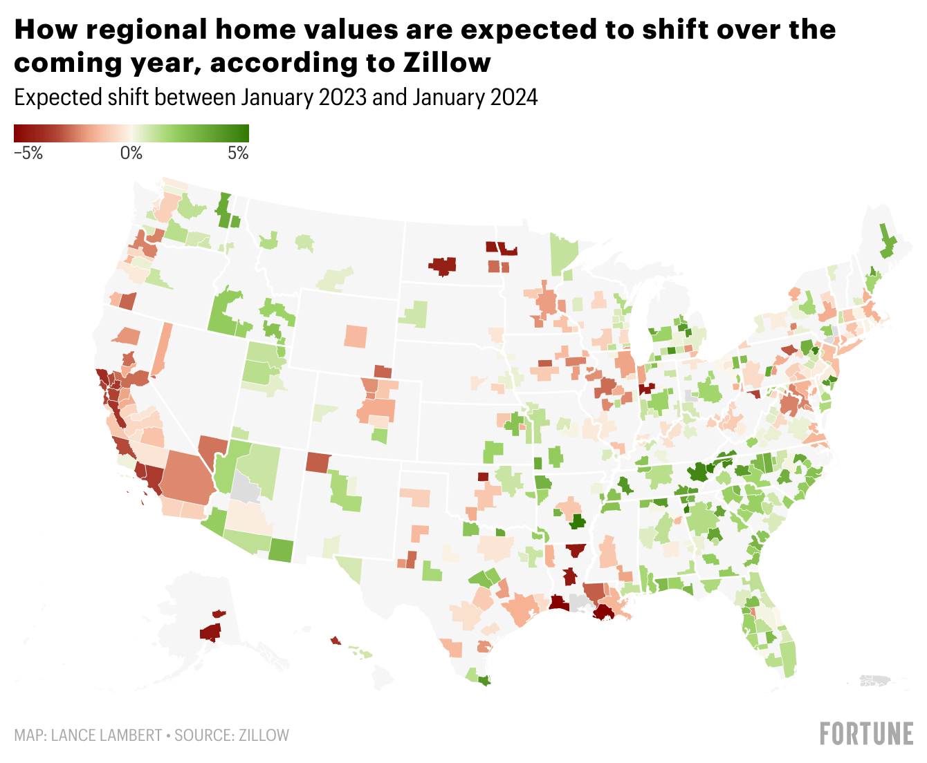 Chart showing how regional U.S. home values are expected to shift over the coming year, according to Zillow