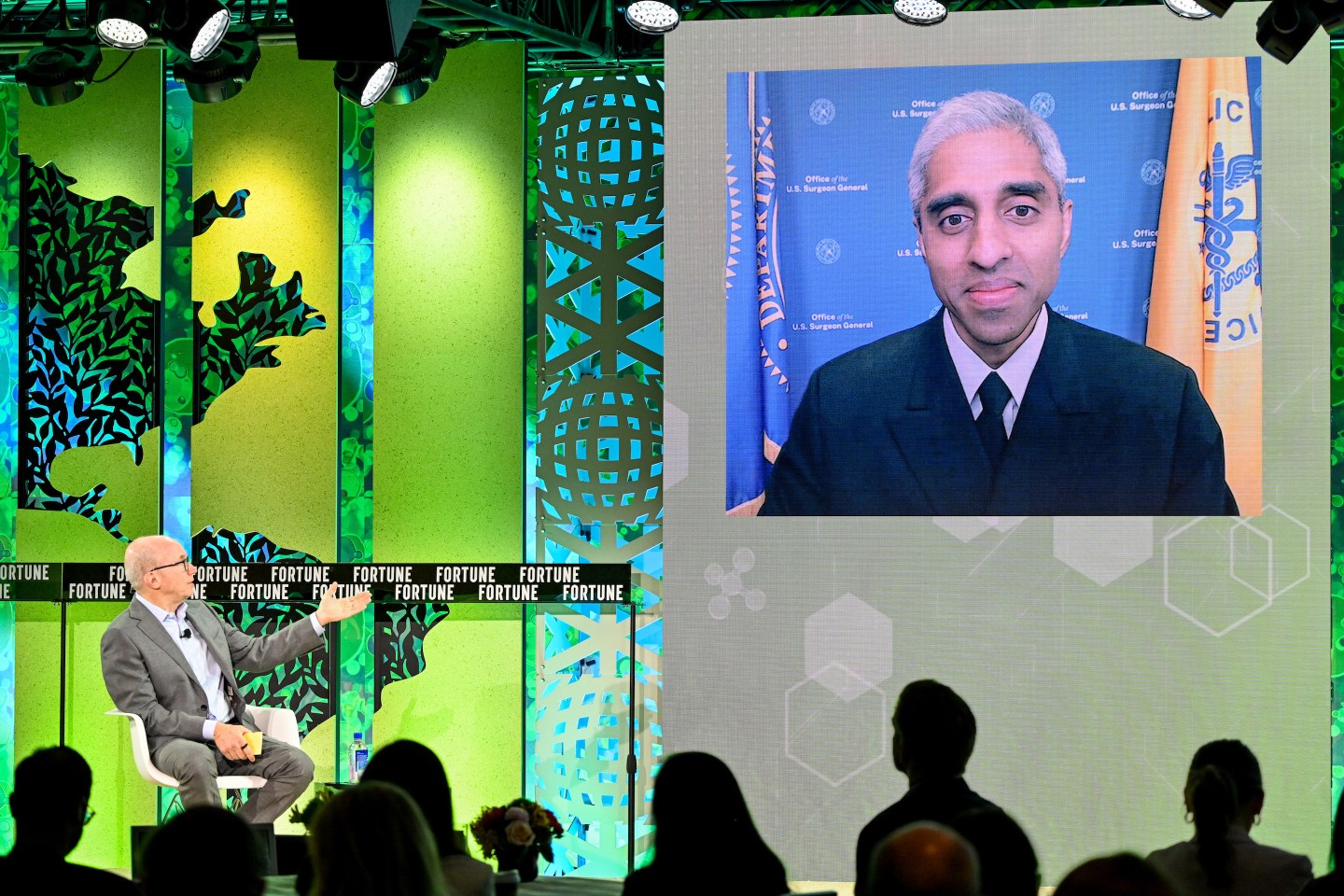 U.S. Surgeon General Dr. Vivek Murthy speaks with Coins2Day CEO Alan Murray at Coins2Day's Brainstorm Health summit in Marina Del Rey, Calif. on Apr. 26, 2023.
