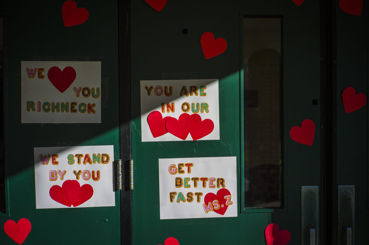 Messages of support for teacher Abby Zwerner, who was shot by a 6-year-old student, grace the front door of Richneck Elementary School Newport News, Va. on Jan. 9, 2023.