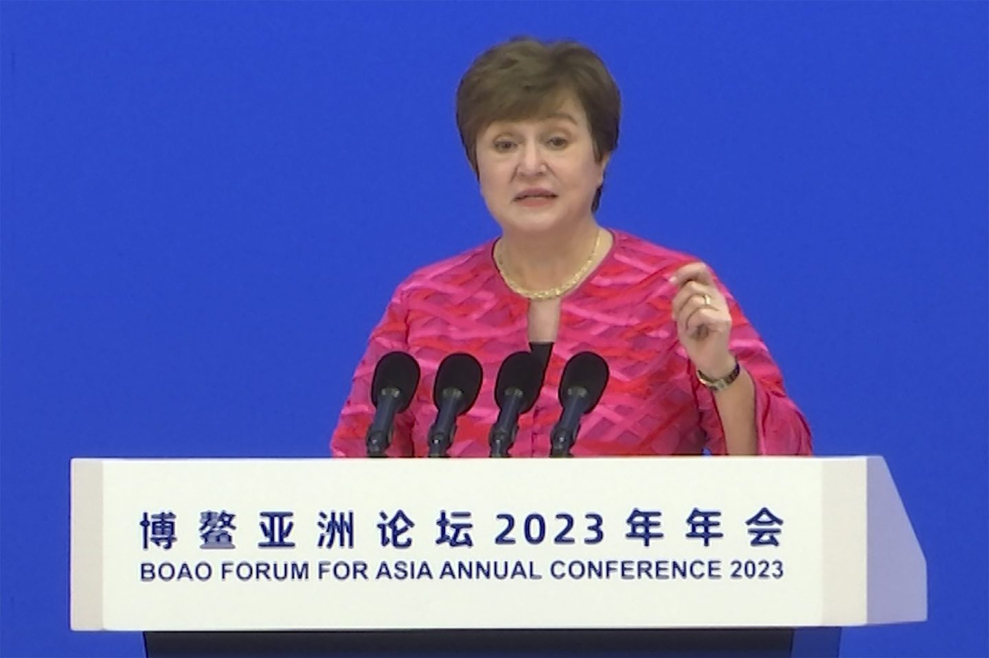 In this image taken from video, Managing Director Kristalina Georgieva of the International Monetary Fund speaks at the opening ceremony of the Boao Forum for Asia in Boao in southern China's Hainan Province, March 30, 2023.